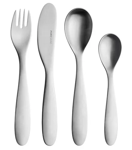 PURESIGNS Kinderbesteck SEVEN (4-tlg) aus Edelstahl 18/10 - Lustiges und sicheres Essen für Kinder! Das ergonomisch geformte Besteck SEVEN liegt perfekt in kleinen Händen und fördert die Freude am Essen. Ideal als Geschenk zur Taufe oder Geburt, in hochwertiger Verpackung.