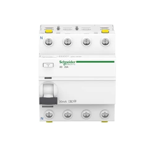 Schneider Electric A9Z21425 FI-SCHALTER IID 4P 25A 30MA - Fehlerstromschutzschalter Acti 9 iID, 4-polig mit 25A und 30mA Erdschlussempfindlichkeit. Bietet zuverlässigen Schutz bei direkten und indirekten Berührungen, ideal für sichere Elektroinstallationen.