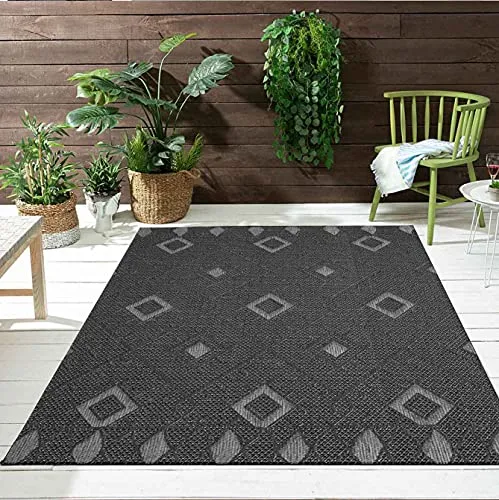VIMODA In- und Outdoor Flachgewebe Terrassen & Balkon Küche Teppich Rauten Boho Grau, Maße:160x220 cm