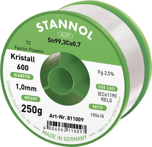 Stannol 811009 FLOWTIN TC Fairtin Kristall 600 - 250g Lötdraht, bleifrei mit 1mm Durchmesser für präzise Lötverbindungen
