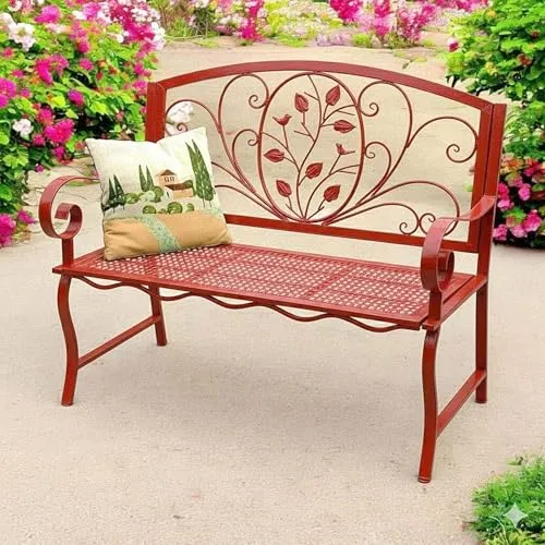 DanDiBo Gartenbank Rossa 2-Sitzer Wetterfest Rot 110 cm - Elegante Gartenbank aus wetterfestem Metall mit filigranem Rankenmuster. Bietet Platz für zwei Personen und überzeugt durch Stabilität und Komfort – ideal für Garten, Balkon oder Terrasse.
