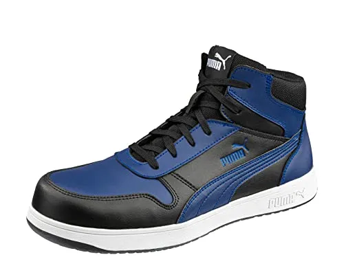 PUMA Safety FRONTCOURT Blue BLK Mid Sicherheitsschuh Gr. 44 - Herren Industrie & Handwerk Schuhe mit ESD idCELL Elementen für optimalen Komfort und Sicherheit, metallfrei und mit evercushion relief Fußbett.