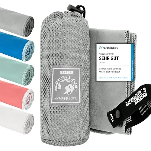 Backpacker's Journey Mikrofaser Handtücher in S M L XL. Reisehandtuch Sets leicht, schnelltrocknend, saugfähig und antibakteriell (grau L)