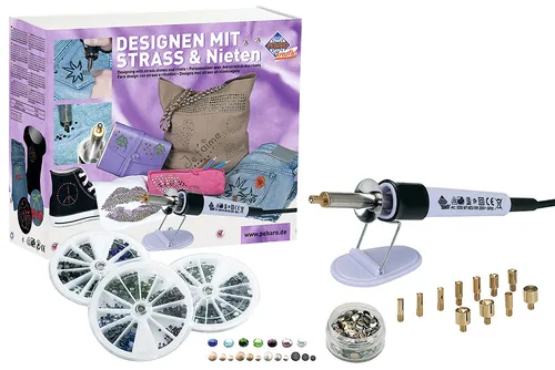PEBARO 0259 - Bastelset Designen mit Strass und Nieten - Kreatives Bastelset für Designerstücke, mit Strasskolben und 1.440 Strass-Steinen in 7 Farben. Ideal für das Veredeln von Stoff, Leder, Papier und mehr!