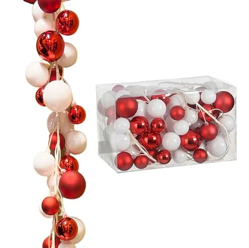 Weihnachtsgirlande 180 cm – Mit Glänzenden und Glitzernden Kugeln – Für Innen & Außen – Festliche Dekoration für Fenster, Treppen, Geländer und Garten - Girlande Weihnachten (Rot-Weiß)