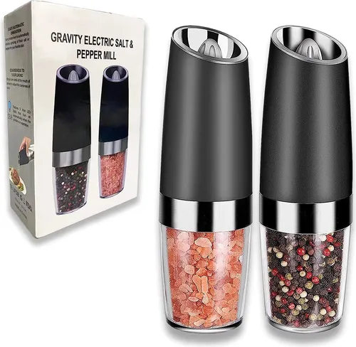 Hocan Gravity Elektrische Salz- und Pfeffermühle Set, Edelstahl Automatische Pfeffer- und Salzmühle Mühle, LED-Blaulicht, Batteriebetrieben