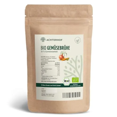 Produktbild Gemüsebrühe Bio 500g | salzarm mit nur 1 Gramm Salz | 51% Gemüseanteil | ohne Schnickschnack: ohne Hefeextrakt, Laktose & weitere Zusatzstoffe | keinerlei künstliche Zusatzstoffe | Achterhof