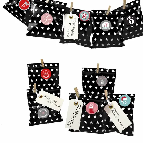 DIY Adventskalender Bescherung schwarz Stern Papiertueten flach Ziffern bunt