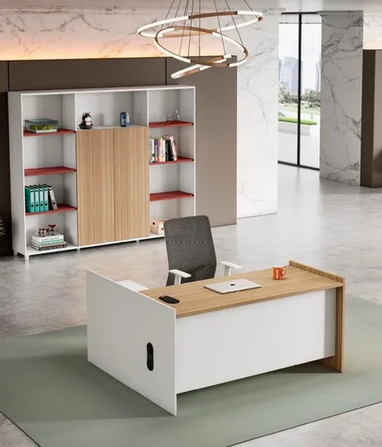 Garnitur Büromöbel Set: Arbeitstisch und Büroschrank in Weiß - Praktisches Büromöbel-Set mit Arbeitstisch (160 x 140 cm) und Büroschrank (220 x 40 x 200 cm) aus Holz. Ideal für ein modernes Büro, stilvoll und funktional.