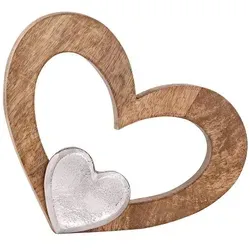 Amagohome Dekofigur Herz 27x21cm Holzfigur Herzilein Mangoholz Aluminium