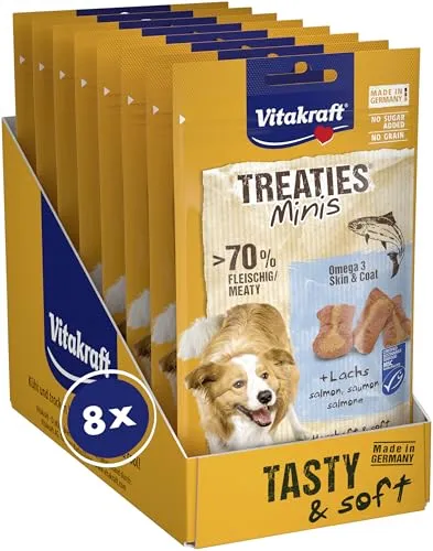 Vitakraft Treaties Minis, Hundeleckerli, weicher Hundesnack gefüllt mit Lachs, mit Omega 3, Hunde Trainingsleckerli (8x 48g)