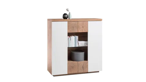 Highboard Helsinki - Eiche und weiß matt Lack 2-türig - TV-Schränke mit elegantem Design und großzügigem Stauraum durch 2 Türen und 2 Schubkästen. Matt lackierte Front und Eiche Nachbildung verleihen jedem Raum eine moderne Note.