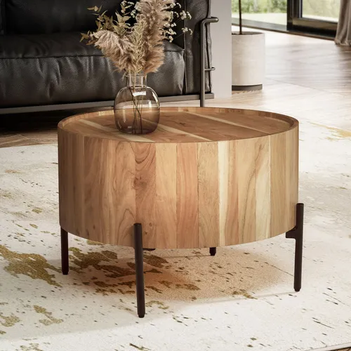 FINEBUY Couchtisch FB105390 – Rund und Praktisch - Couchtisch aus Akazie Massivholz mit Metallgestell, leicht umstellbar und stabil dank höhenverstellbarer Anti-Rutsch-Noppen – ideal für jedes Wohnzimmer.