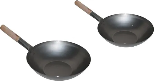 WOK SET, 33FB-36FB, Wok 33 cm Ø flacher Boden + Wok 36 cm Ø flacher Boden mit Holzgriff Kohlenstoffstahl