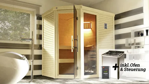 Weka Sauna CUBILIS 7,5 kW BioS mit Glastür - Sauna mit 7,5 kW BioS-Heizung, ideal für entspannende Wellnessmomente in Ihrem Zuhause, ausgestattet mit eleganter Glastür und Fenster.