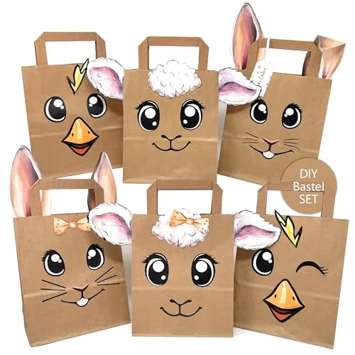 TOBJA Ostertaschen DIY Set - 6 XL Kraftpapier-Tüten mit süßen Tiermotiven | Osternest Basteln für Kinder & Familie | Perfekt als Oster Geschenktüten, Osterhasen Tüten zum Befüllen, Ostertüten Papier