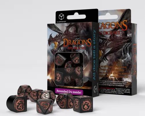 DRAGONS RPG DICE SET BLACK AND COPPER - Wurfset für Rollenspiele - Gesellschaftsspiel mit einzigartigem Design in Schwarz und Kupfer, ideal für Rollenspieler und Tabletop-Fans.