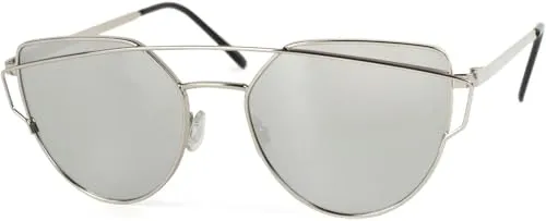 styleBREAKER Sonnenbrille mit Katzenaugen Cat Eye Gläsern und Doppelrahmen Bügel, Federscharnier, Damen 09020069, Farbe:Gestell Silber/Glas Silber verspiegelt
