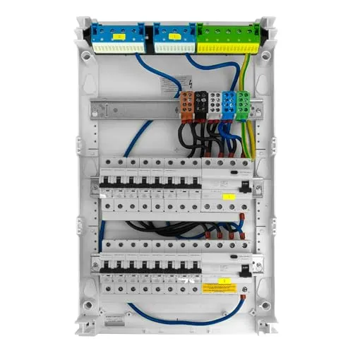 Hager Aufputz Verteilerkasten 3x12 Module von Doktorvolt - Verteilerkasten mit 14xMCB und 2xRCCB, sofort einsatzbereit und VDE-zertifiziert. Ideal für sichere Installation in Werkstätten oder Garagen.