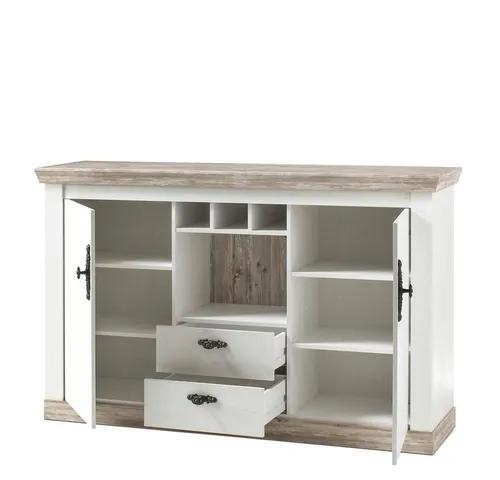 Anricht Pinie weiß Landhaus Kommode 168cm - Anrichte im Landhausstil mit 2 Türen und Schubfächern, ideal für Wohnzimmer und Esszimmer. Aus MDF und Spanplatte gefertigt, bietet sie viel Stauraum und eine elegante Optik.