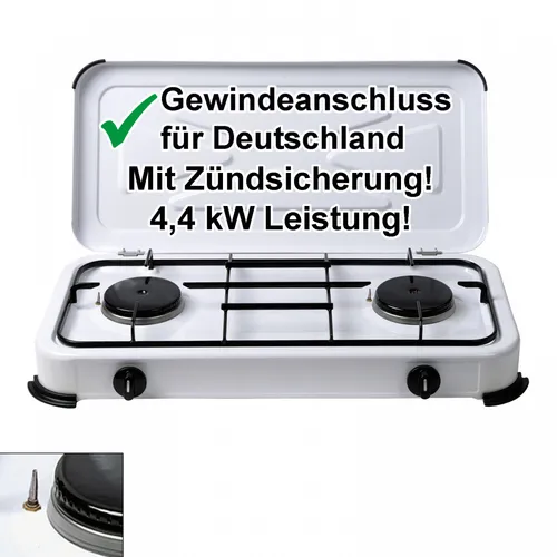 Campingkocher 2-flammig mit Zündsicherung - Campingkocher mit 2 leistungsstarken Brennern (2,2 kW) und Zündsicherung für maximale Sicherheit im Freien. Inkl. Gasschlauch und Druckregler, ideal für Camping-Abenteuer.