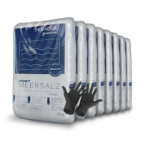 Peraplas Poolsalz 200 kg - Hochreines Schwimmbadsalz für Chlorinatoren - Chlorersatz: 99,9% reines Meersalz für hautfreundliche Wasserpflege, ideal für Salzelektrolyse und schnelle Löslichkeit. Inklusive 1 Paar ARNOMED Einweghandschuhe.