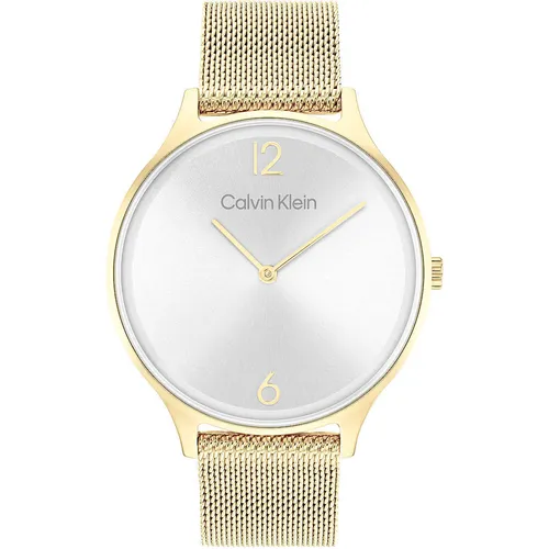 Calvin Klein Damen Analog Quarzuhr Timeless MESH 38MM - Elegante Armbanduhr mit goldfarbenem Edelstahl-Mesh-Armband, wasserabweisend bis 3 bar und stilvollem Sonnenstrahlen-Zifferblatt - perfekt für jeden Anlass.