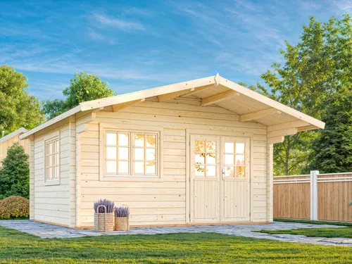 Gartenhaus Palmako Helena 15,1 m² - inkl. Fußboden und Vordach - Geräumiges Gartenhaus mit Satteldach, ideal für Gartenlagerung oder Freizeitgestaltung, aus robustem Holz gefertigt.
