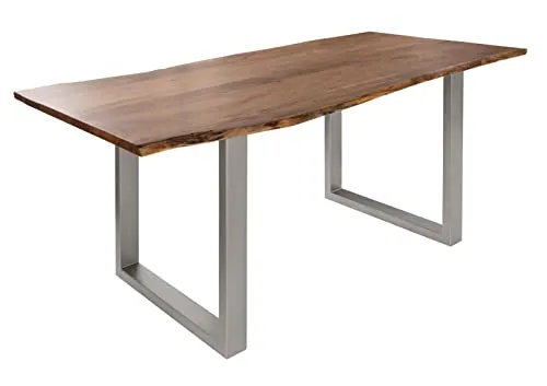Massivmoebel24 Baumkantentisch FREEFORM - Akazie 120x90x76 cm - Baumkantentisch aus Akazie mit einzigartiger Baumkante, naturbelassen und stilvollen silber-matten Beinen – ideal für ein modernes Ambiente.