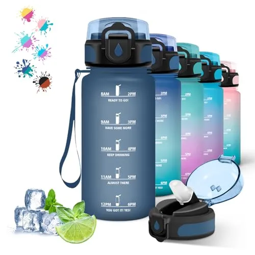 Grsta Trinkflasche Kinder, Trinkflasche 500ml, Flasche mit Strohhalm, Kann mit Dir Tragen, Wasserflasche Auslaufsicher, mit Motivierendem Slogan, Wasserflasche für Schule, Reisen, Running, Navyblau