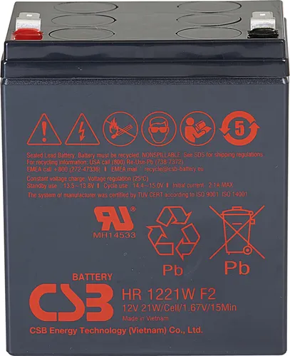 CSB Bleiakku 12V / 21 W CSB-HR1221WF2 - Leistungsstarker 12 V Bleiakku für energieintensive Anwendungen. Wartungsfreie AGM-Technologie sorgt für hohe Entladeleistung und lange Lebensdauer, ideal für Notstromversorgungen.