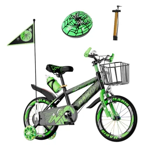 Habib Gruppe Kinderfahrrad Jungenfahrrad 12 Zoll ab 3 Jahre – mit LED Stützrädern, Korb, Klingel & GRATIS Helm & Pumpe, Vorderradbremse (Grün)