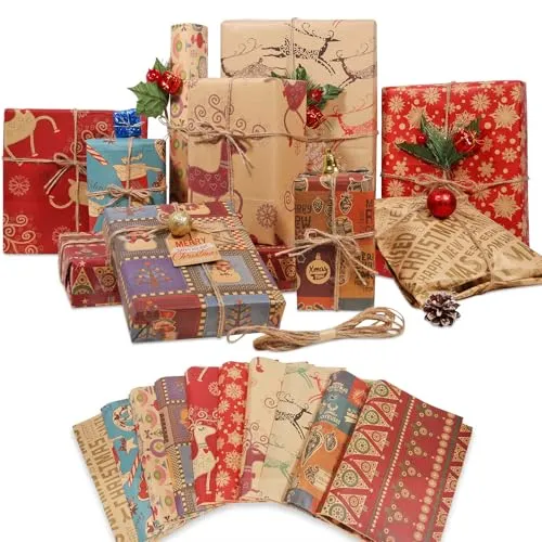Geschenkpapier für Weihnachten, 70 x 50 cm, 9 Designs, 10 Stück (und 8 Aufkleber)