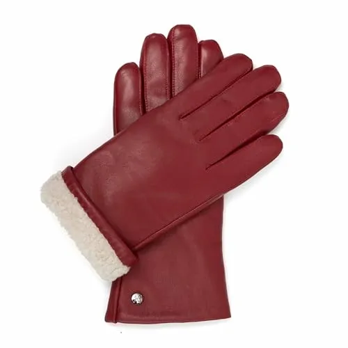 Hand Gewand by Weikert Exklusive Damen Lederhandschuhe aus Nappa Haarschafleder gefüttert mit Merino Lammfell, Touchscreen, langer Schnitt bis über das Handgelenk, warme Lammfellhandschuhe, rot