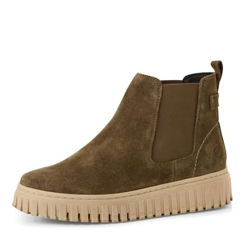 Tamaris Damen Chelsea Leder Wechselfußbett - OLIVE, EU 41 - Wanderschuhe mit bequemem COMFORT-Lining und individuell anpassbarer Schaftweite für optimalen Komfort. Hochwertiges Leder und abnehmbare Einlegesohle sorgen für stilvolle Optik und zusätzlichen Tragekomfort.