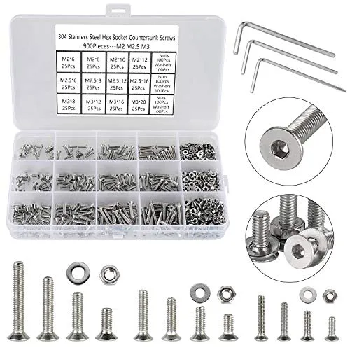 FandWay M2 M2.5 M3 Schrauben Set,900 Stück Senkkopfschrauben mit Innensechskant Gewindeschrauben,Sechskantschrauben Flachkopfschrauben Edelstahl 304 Maschinenschrauben Muttern und Unterlegscheiben.