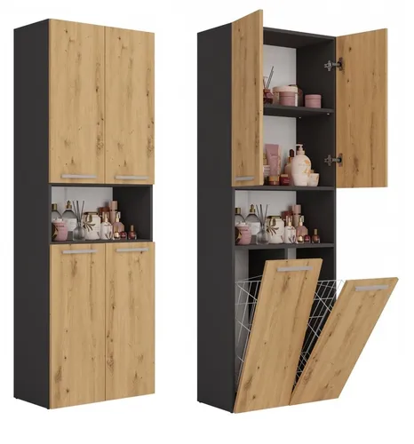 CDF Bad-Hochschrank NEL 2K DK - Eiche Artisan/Anthrazit - Hoch- & Midischränke fürs Bad mit geräumigen Einlegeböden, minimalistischen Griffen und einfacher Montage für eleganten Stauraum im Badezimmer.