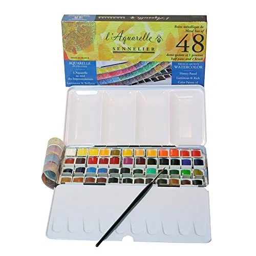 Sennelier Aquarelles Metalldose mit 48 halben Näpfen und Pinsel - Schreibutensilien: Hochwertiges Aquarellfarben Set mit 48 halben Näpfen, ideal für Künstler jeder Stufe. Die praktische Zinndose dient zusätzlich als Mischpalette.