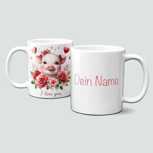 online-hut - Tasse - Kaffeebecher - Valentinstag - Liebe - Love - Blumen - Flower - Valentine Animal - Glücks Schwein- Pig -Personalisiert - Geschenkidee - LT-963