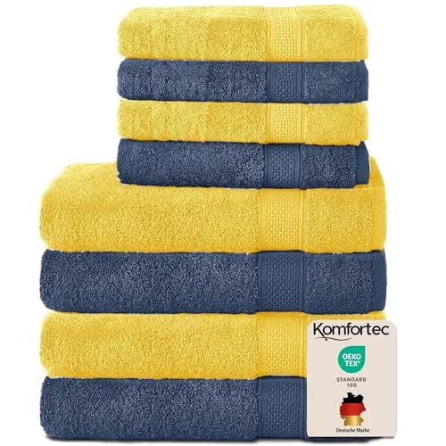Komfortec 8er Handtücher Set, 4 Badetücher & 4 Handtücher in Navyblau/Gelb - Das 8-teilige Handtuchset enthält 4 Handtücher (50x100 cm) und 4 Badetücher (70x140 cm) aus 100% Baumwolle. Flauschig und saugstark, ideal für tägliche Nutzung im Badezimmer oder Gästezimmer. Pflegeleicht und hautsympathisch.