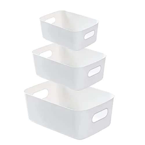 Aufbewahrungsbox aus Kunststoff, 3 Pcs Organizer mit Griffen Weiß, Aufbewahrungskorb Plastik, Aufbewahrungskiste mit Henkel, Rechteckiger Aufbewahrungskorb für Küchen, Badezimmer, Kosmetik(3 Größe)
