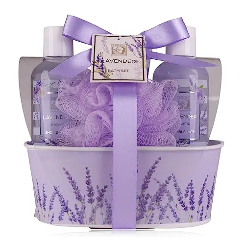 Accentra – Duschset Frauen Geschenkset LAVENDEL in schöner Metallbox – 4-teiliges Pflegeset mit Duschgel, Bodylotion, Schaumbad & Netzschwamm – Wellness Geschenk Set zum Geburtstag, Valentinstag