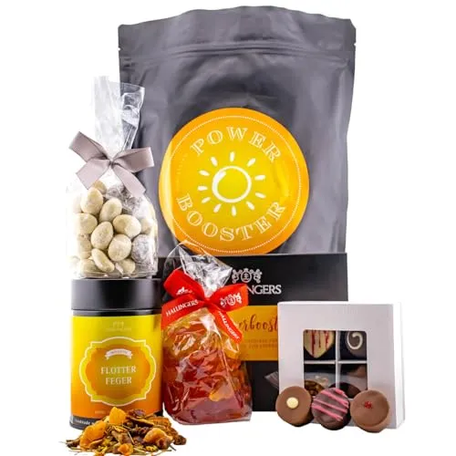 Hallingers Genuss Manufaktur Geschenkkorb Geschenkset – Feinkost Mix, Energie Wundertüte XXL Tee, Nougat, Pralinen, Tafel Schokolade & Fruchtsaftbärchen