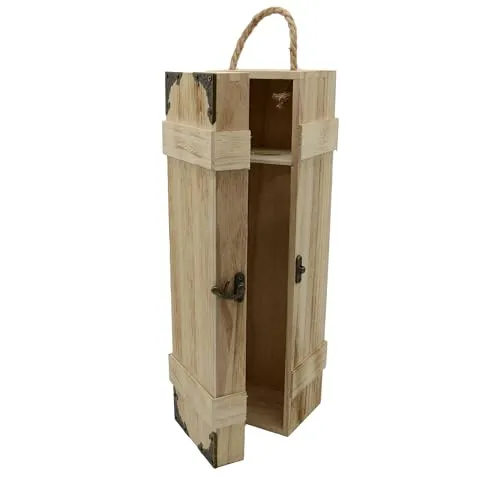 UNUS Weinkiste Holz geflammt rustikal für 1 Flasche, Geschenkebox, Weinbox mit Halterung Trageseil