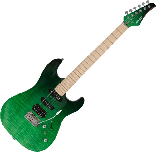 Shaman VST1087-GNB Venture Series Green Burst - Gitarren, hochwertige Riegelahorn-Decke mit Roswell HSS-Tonabnehmer-Konfiguration für vielseitigen Klang und beeindruckende Optik.