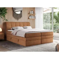 Boxspringbett GOLD 10 KING - 180x200 - Orange Struktur - Luxuriöses Polsterbett mit zwei praktischen Bettkästen und 7-Zonen-Taschenfederkernmatratzen für optimalen Schlafkomfort. Hochwertige Materialien und elegantes Design.