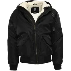 Brandit CWU Jacket Hooded - Schwarze Fliegerjacke in Größe M - Funktionsjacke mit warmem Teddyfell-Innenfutter, wind- und wasserabweisend, ideal für kalte Tage und Outdoor-Aktivitäten.