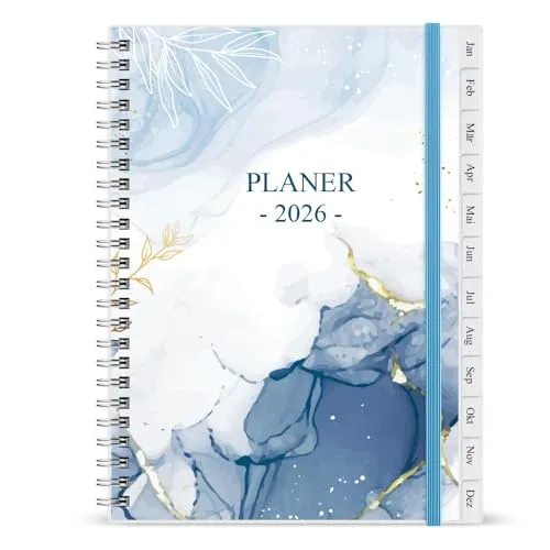 Tagebuch, Januar 2026 - Dezember 2026 Wochenplaner mit Monatsregistern, Gesäßtasche, elastischer Verschluss, Doppeldrahtbindung, einfache Organisation des täglichen Lebens, 14,8×21cm, Blue 2026