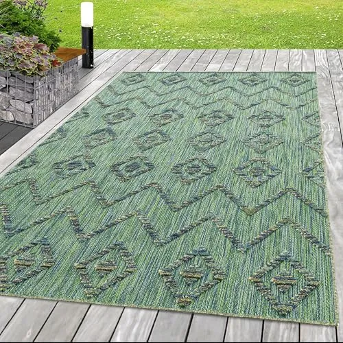 HomebyHome In & Outdoor Wetterfest 80x250 cm Grün, Zickzack Design 3D Effekt - Balkon Teppich Wasserfest, Läufer, Kurzflor, Flachgewebt - Ideal für Küchenläufer, Garten, Camping und Terrasse