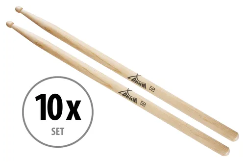 XDrum Schlagzeug Sticks 5B Wood Tip - 10 Paar Set - Hochwertige Schlagzeug Sticks in Stärke 5B, ideal für kraftvolles Spiel, aus leichtem Ahornholz und mit runder Holzspitze, perfekt für Drummer.